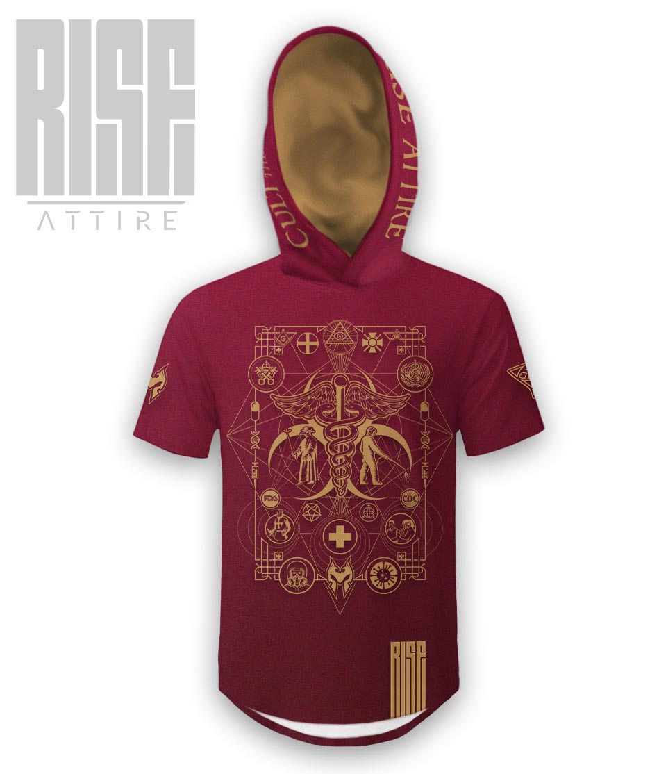 Cult of the Medics // Coat of Arms // Mens Unisex Hooded Scoop Tee // Ruby Red // RISE ATTIRE