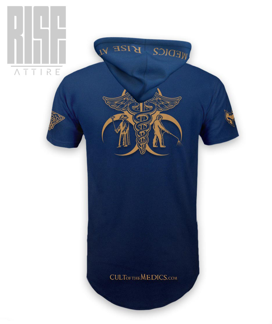 Cult of the Medics // Coat of Arms // Mens Unisex Scoop Cut Hooded Tee // Royal Blue // RISE ATTIRE
