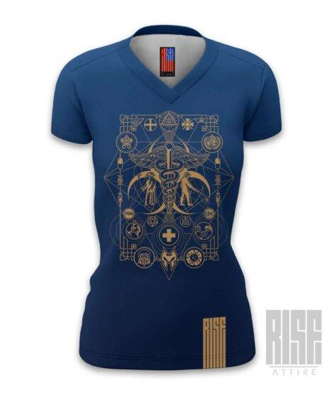 Cult of the Medics // Coat of Arms // Womens V-neck Tee // Royal Blue // RISE ATTIRE
