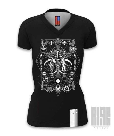 Cult of the Medics // Coat of Arms // Womens v-neck tee // Black // RISE ATTIRE