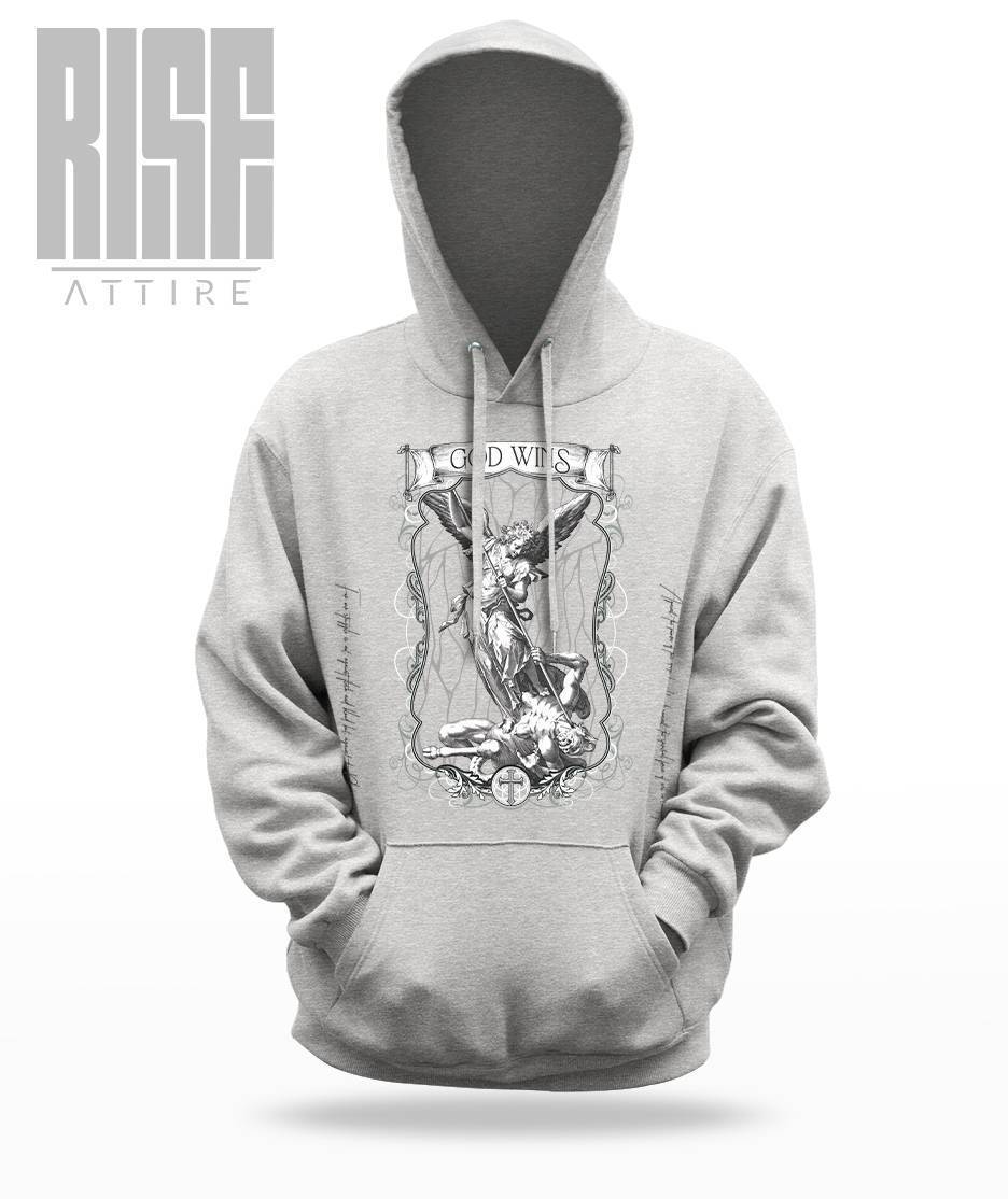 God Wins // RISE Attire // Unisex DTG Cotton Pullover Hoodie // GRAY