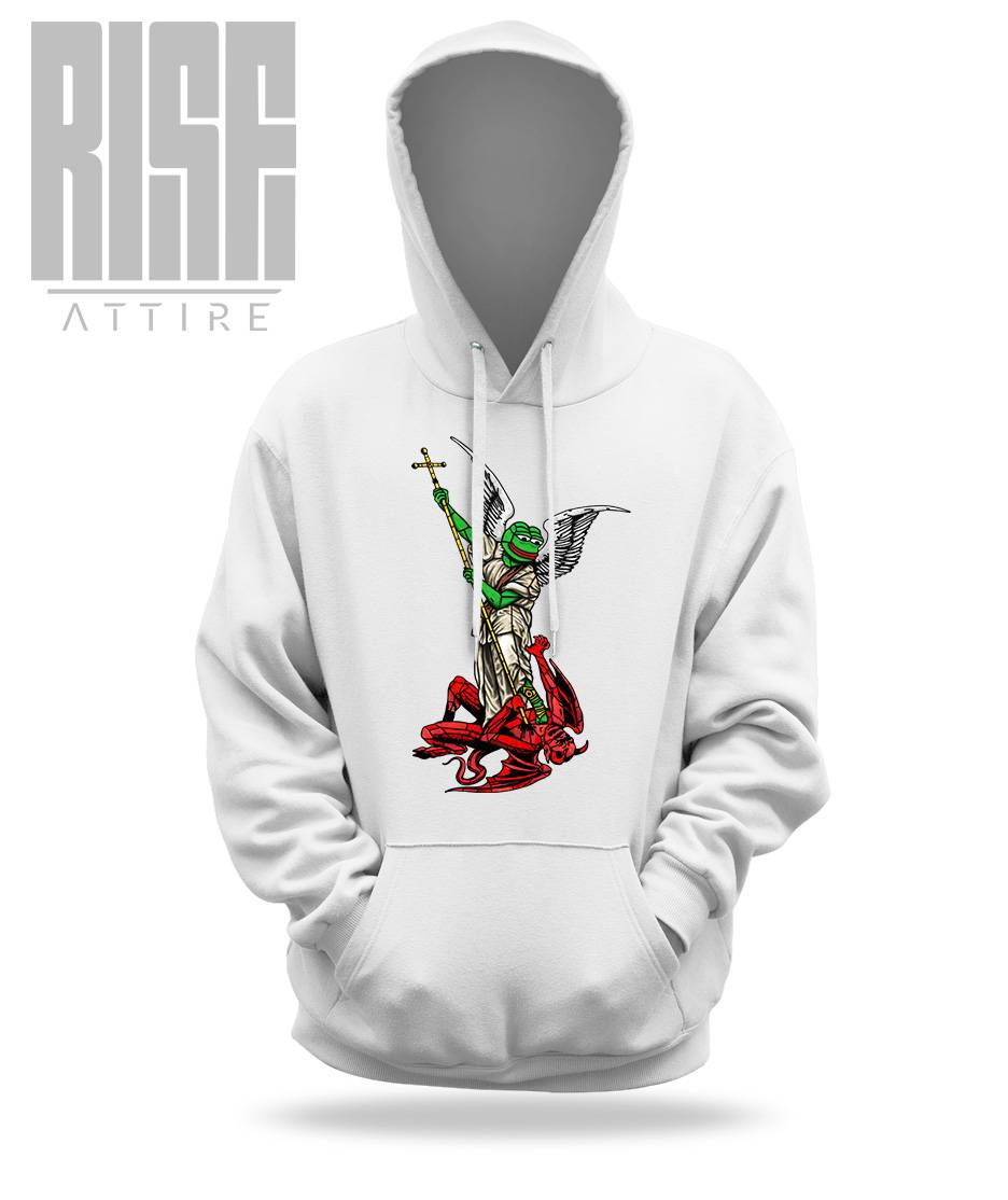 Archangel Pepe // RISE ATTIRE // DTG COTTON PULLOVER HOODIE // WHITE