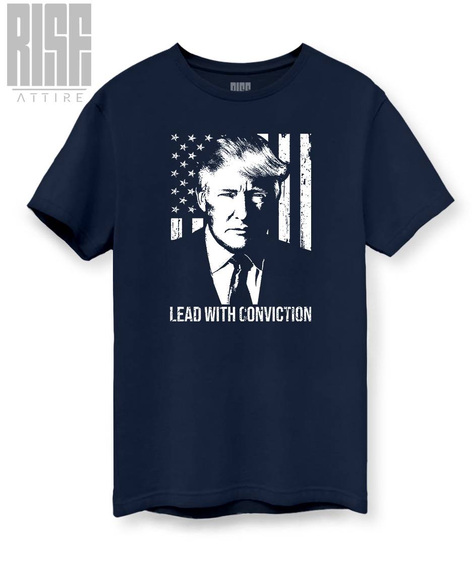 Lead with Conviction // Trump // Cotton DTG Unisex Tee // NAVY BLUE