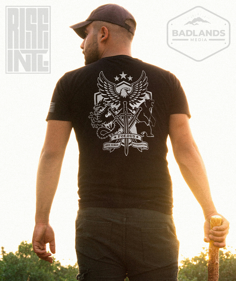 RISE INTL // Badlands Media // Sovereign Alliance // DTG Unisex Cotton Tee // Back Facing // Black // Back // Model