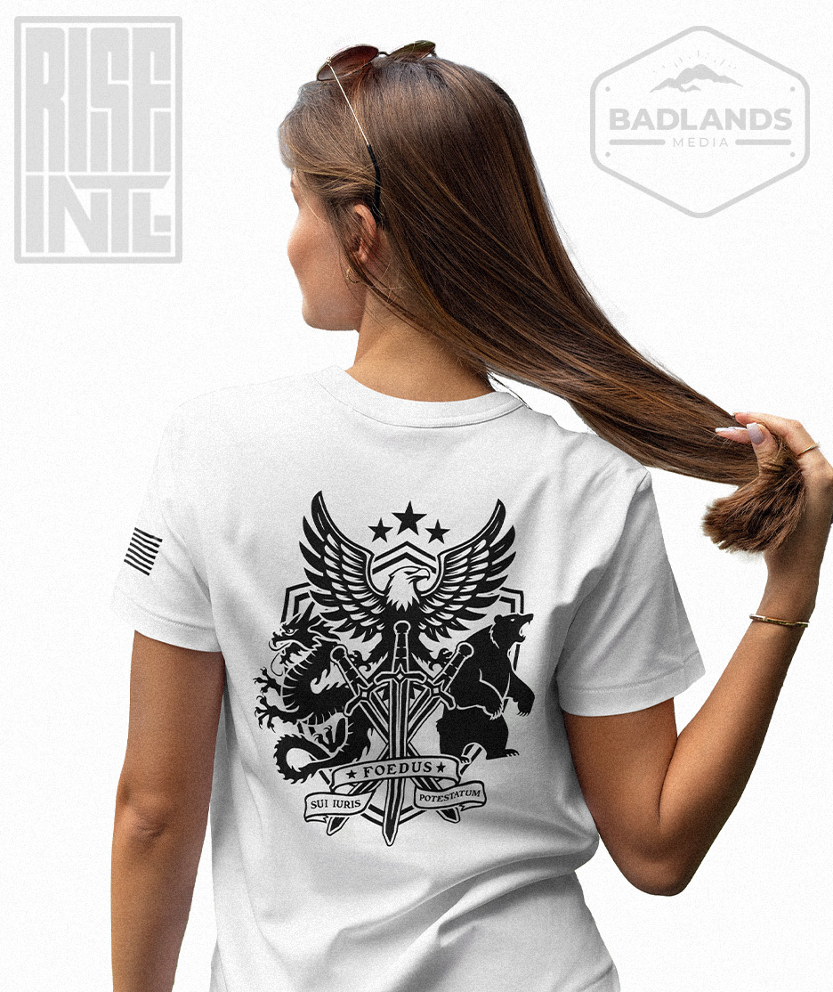 RISE INTL // Badlands Media // Sovereign Alliance // DTG Unisex Cotton Tee // Back Facing // White // Back // Model