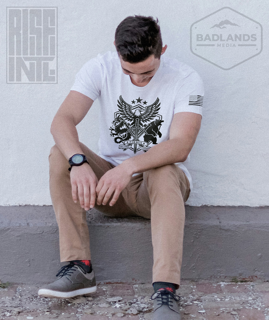 RISE INTL // Badlands Media // Sovereign Alliance // DTG Unisex Cotton Tee // White // Front // Model