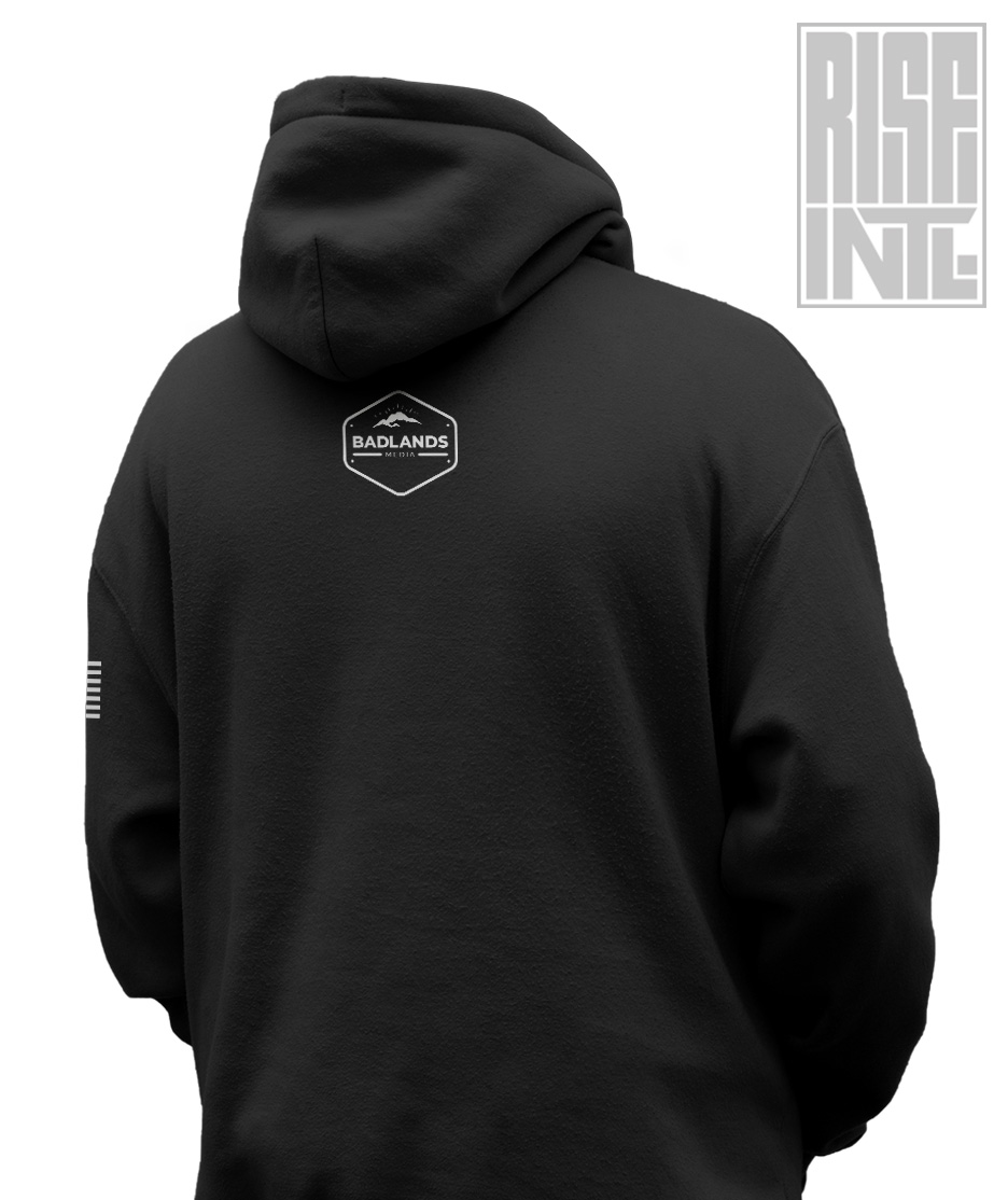 RISE INTL // Badlands Media // Sovereign Alliance // DTG Unisex Cotton Pullover Hoodie // Black // Back