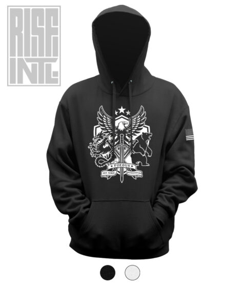 RISE INTL // Badlands Media // Sovereign Alliance // DTG Unisex Cotton Pullover Hoodie // Black // Front //Swatches