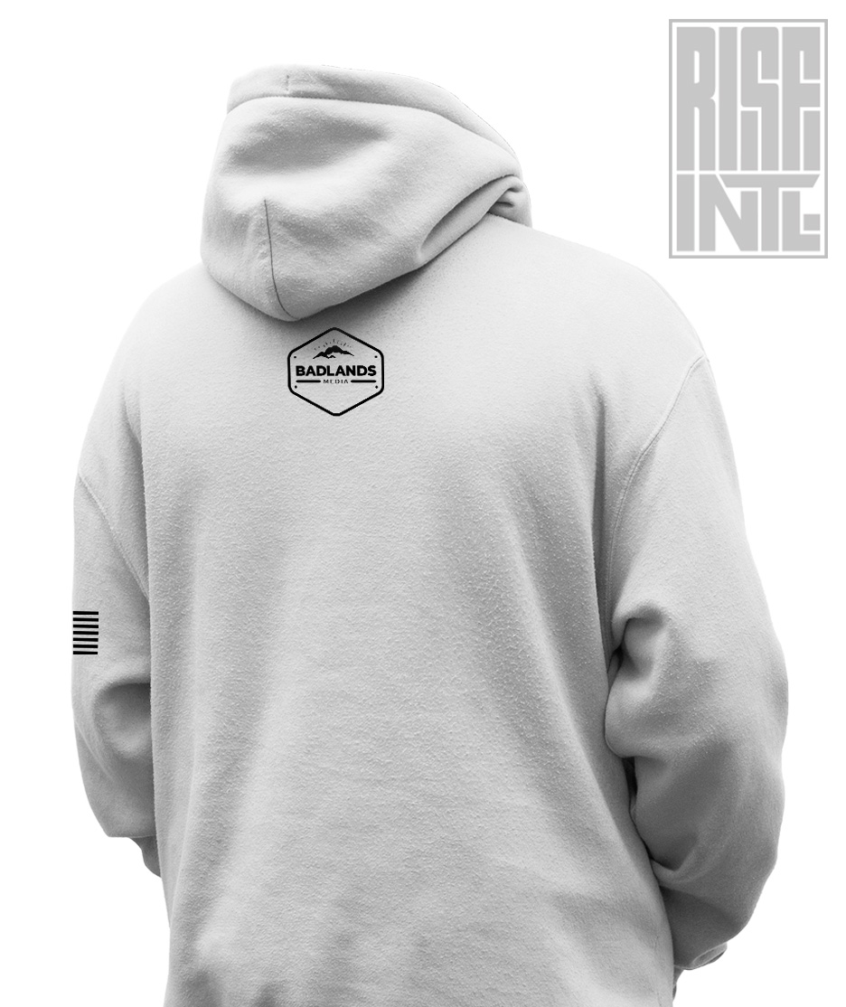 RISE INTL // Badlands Media // Sovereign Alliance // DTG Unisex Cotton Pullover Hoodie // White // Back