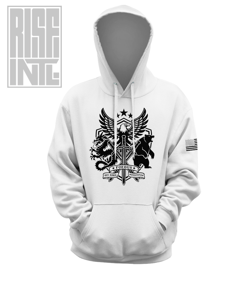 RISE INTL // Badlands Media // Sovereign Alliance // DTG Unisex Cotton Pullover Hoodie // White // Front