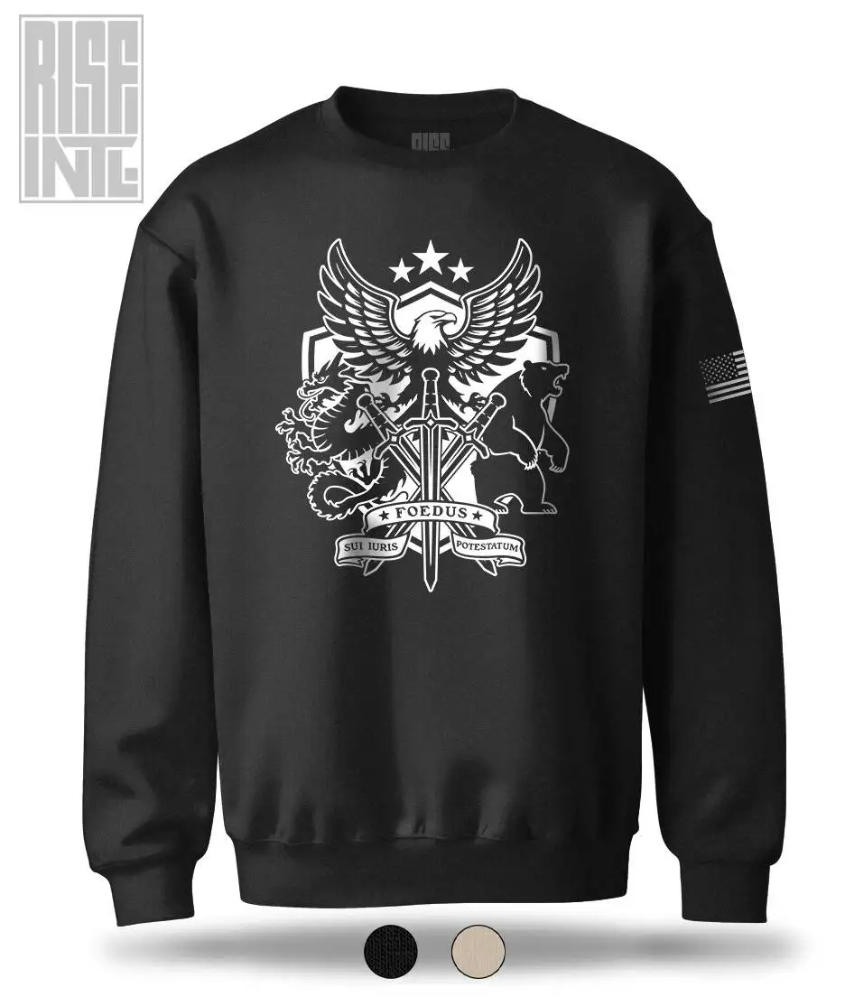 RISE INTL // Badlands Media // Sovereign Alliance // DTG Unisex Sweater Sweatshirt // Black // Front //Swatches