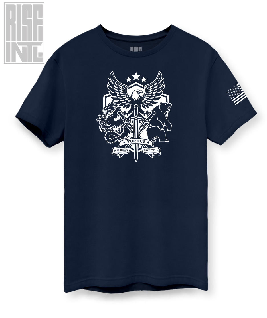 RISE INTL // Badlands Media // Sovereign Alliance // DTG Unisex Cotton Tee // Navy Blue // Front