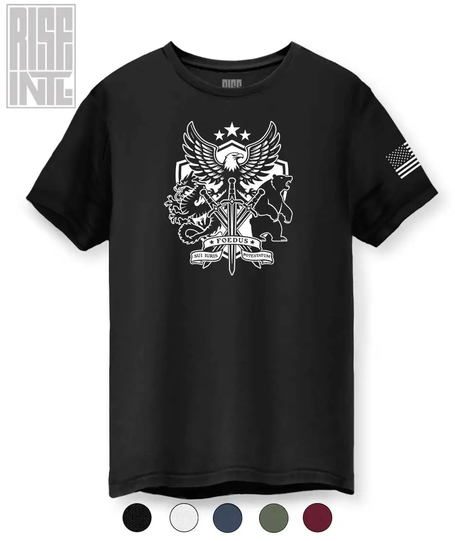 RISE INTL // Badlands Media // Sovereign Alliance // DTG Unisex Cotton Tee // Black // Front //Swatches