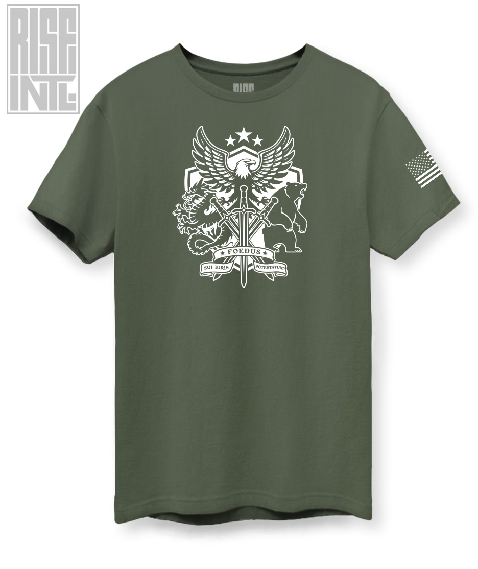 RISE INTL // Badlands Media // Sovereign Alliance // DTG Unisex Cotton Blend Tee // Army Green // Front