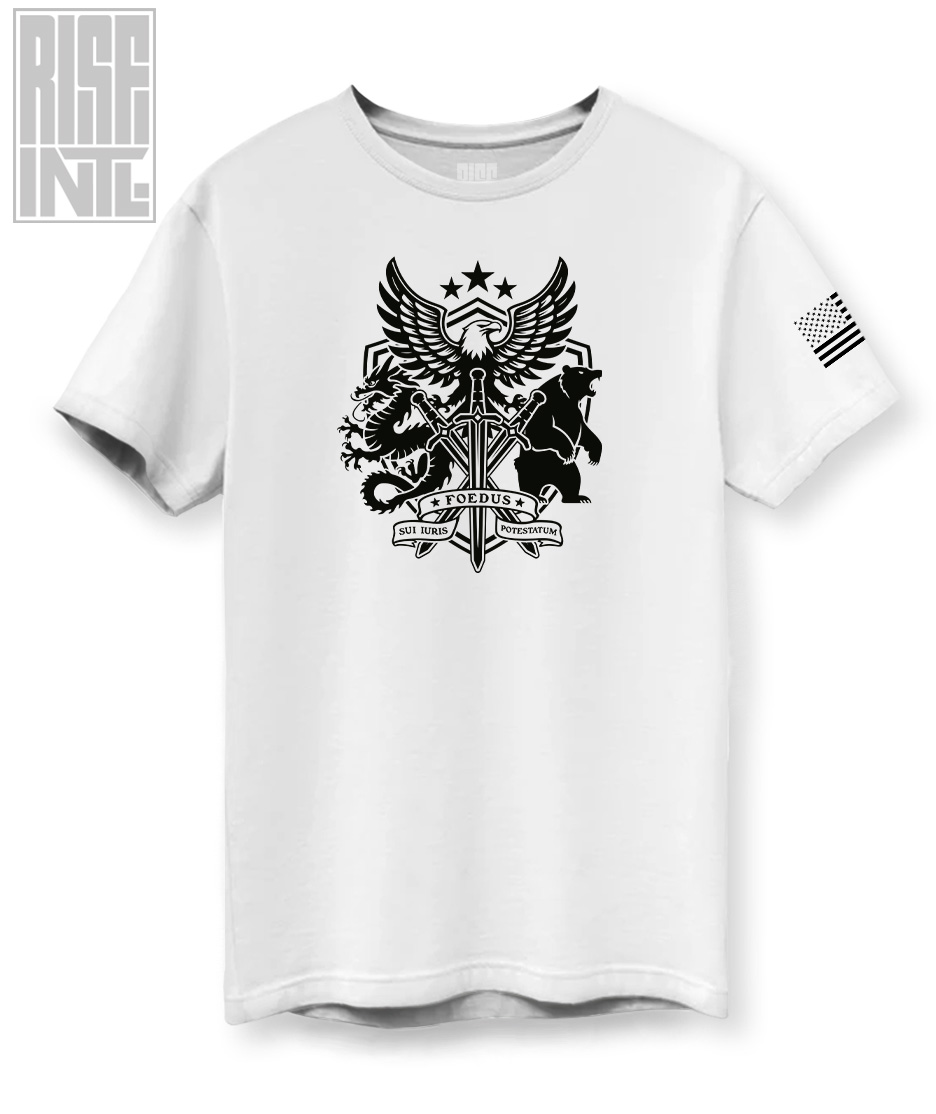 RISE INTL // Badlands Media // Sovereign Alliance // DTG Unisex Cotton Tee // White // Front