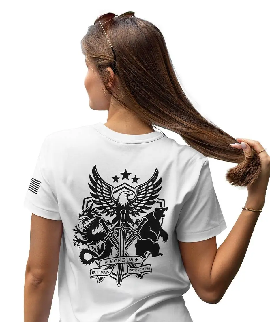 RISE INTL // Badlands Media // Sovereign Alliance // DTG Unisex Cotton Tee // Back Facing // White // Back // Model