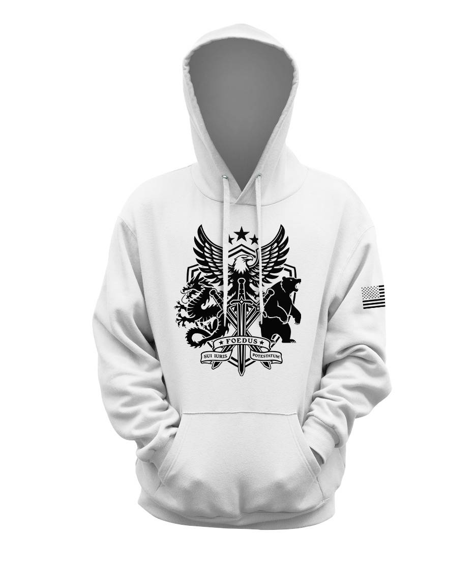 RISE INTL // Badlands Media // Sovereign Alliance // DTG Unisex Cotton Pullover Hoodie // White // Front // Carousel