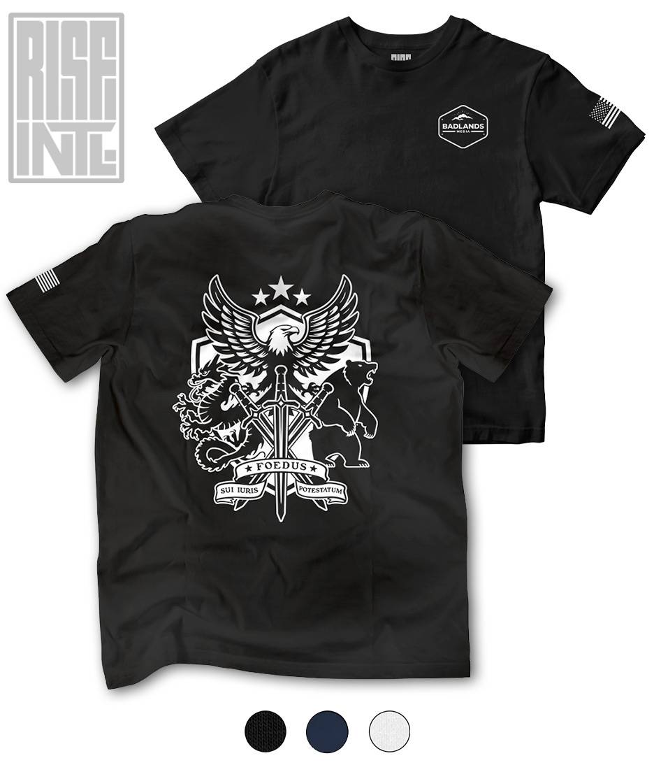 RISE INTL // Badlands Media // Sovereign Alliance // DTG Unisex HEAVYWEIGHT COTTON TEE // Black // Front and Back // Swatches
