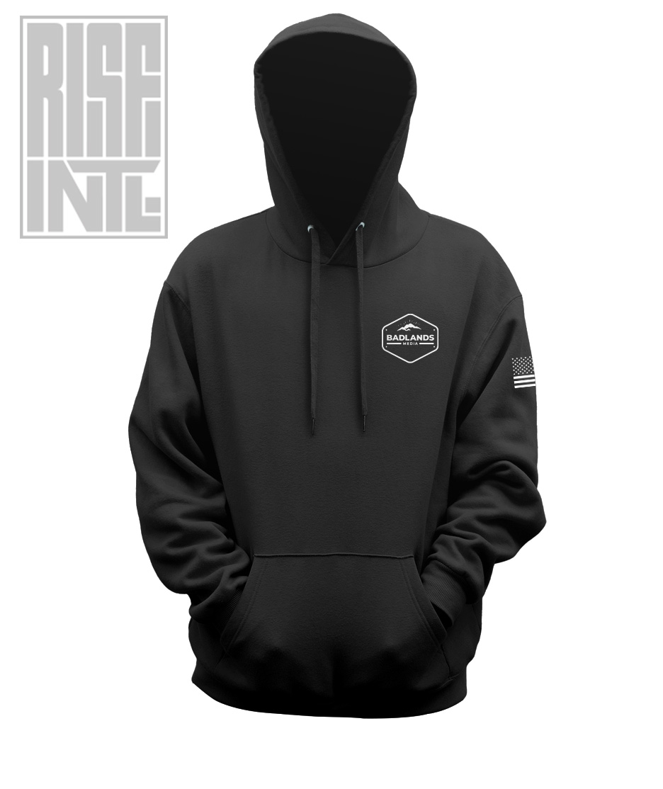 RISE INTL // Badlands Media // Sovereign Alliance // DTG Unisex Cotton Pullover Hoodie // Back Facing // Black // Front