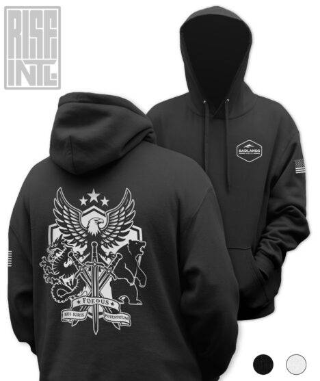 RISE INTL // Badlands Media // Sovereign Alliance // DTG Unisex Pullover Hoodie // Black // Back Facing // Front and Back // Swatches