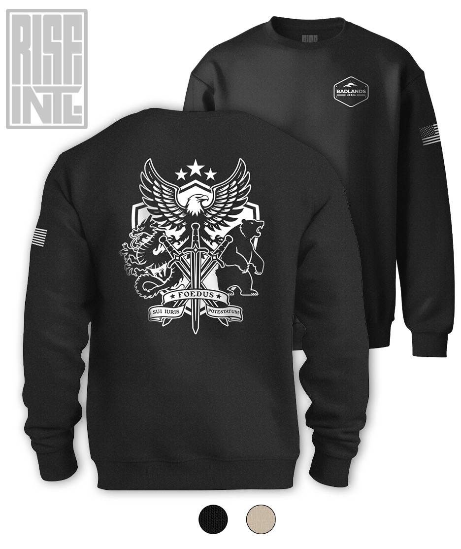 RISE INTL // Badlands Media // Sovereign Alliance // DTG Unisex Cotton Sweater Sweatshirt // Navy Blue // Back Facing // Front and Back // Swatches