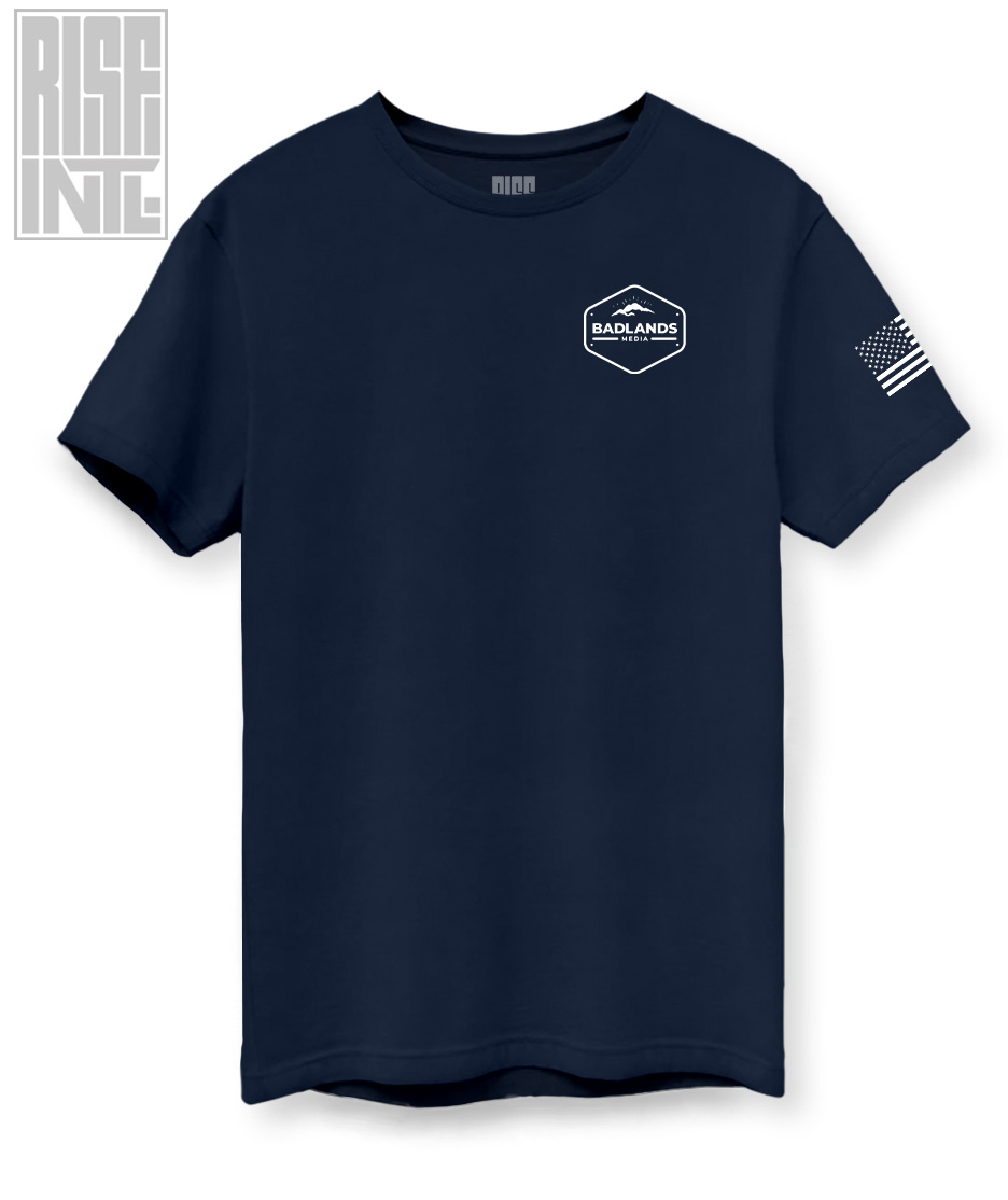 RISE INTL // Badlands Media // Sovereign Alliance // DTG Unisex Cotton Tee // Back Facing // Navy Blue // Front