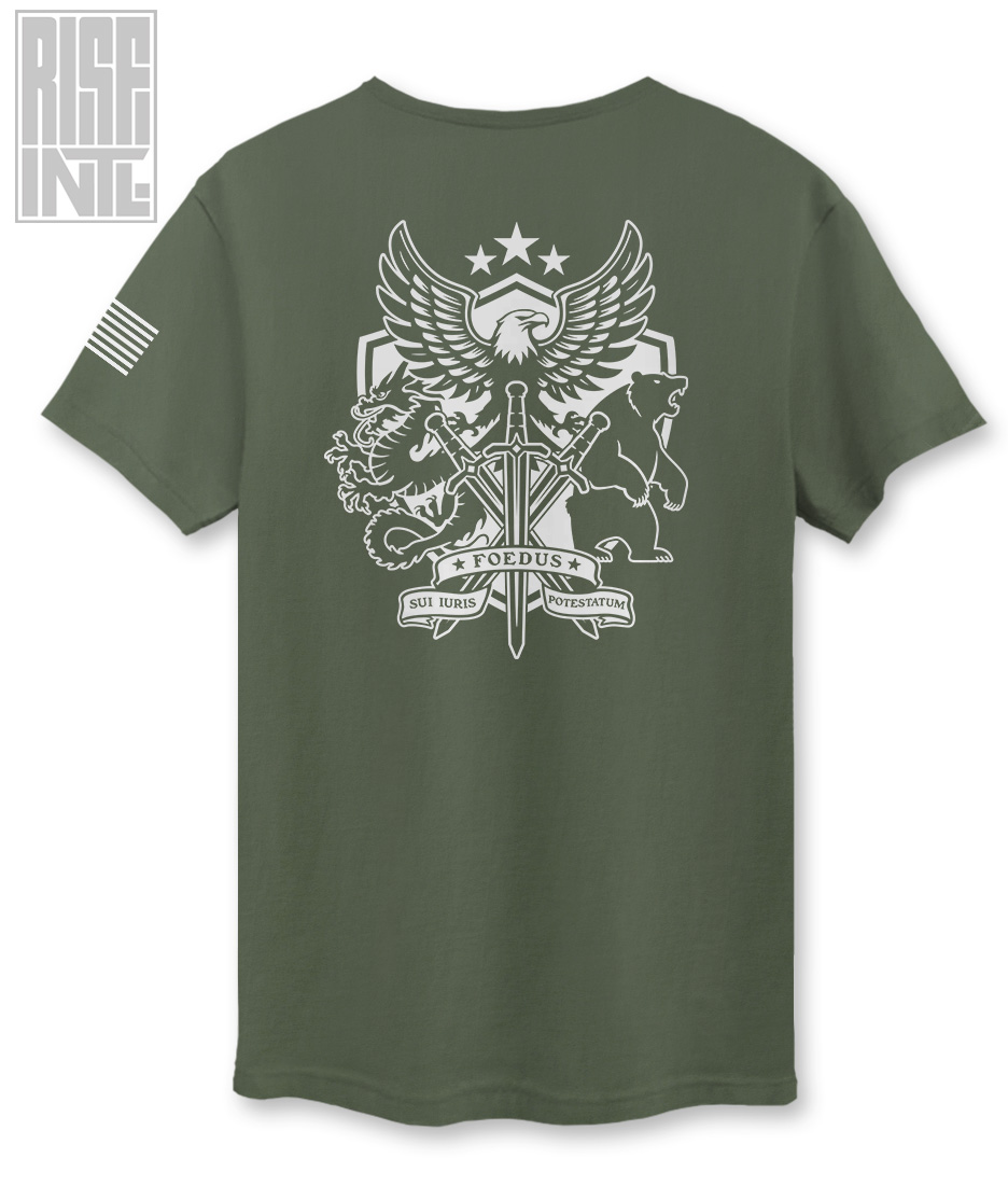 RISE INTL // Badlands Media // Sovereign Alliance // DTG Unisex Cotton Tee // Back Facing // Army Green // Back