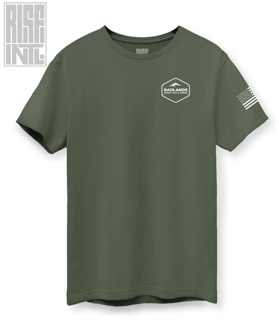 RISE INTL // Badlands Media // Sovereign Alliance // DTG Unisex Cotton Tee // Back Facing // Army Green // Front