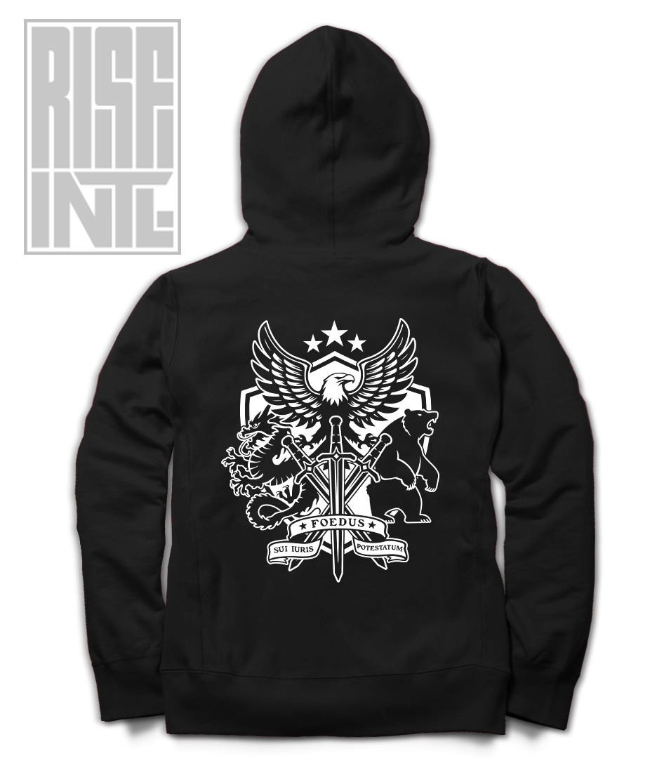 RISE INTL // Badlands Media // Sovereign Alliance // DTG Unisex Cotton ZipUp Hoodie // Black // Back Flat