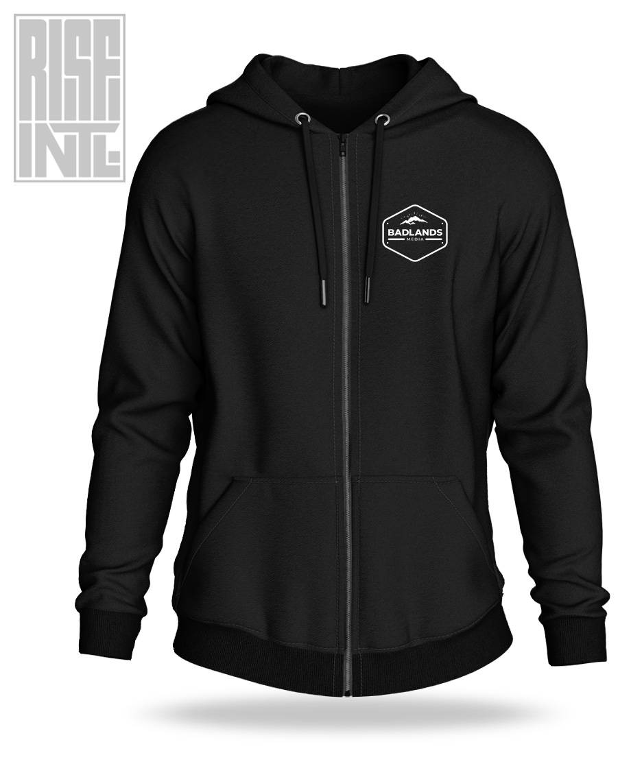 RISE INTL // Badlands Media // Sovereign Alliance // DTG Unisex Cotton ZipUp Hoodie // Black // Front