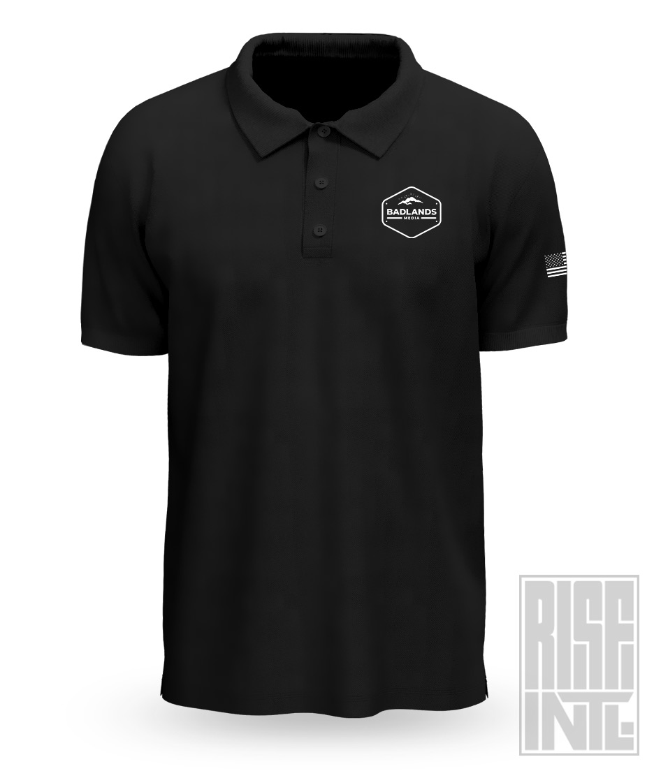 RISE INTL // Badlands Media // Sovereign Alliance // DTG Unisex Polo // Black // Front