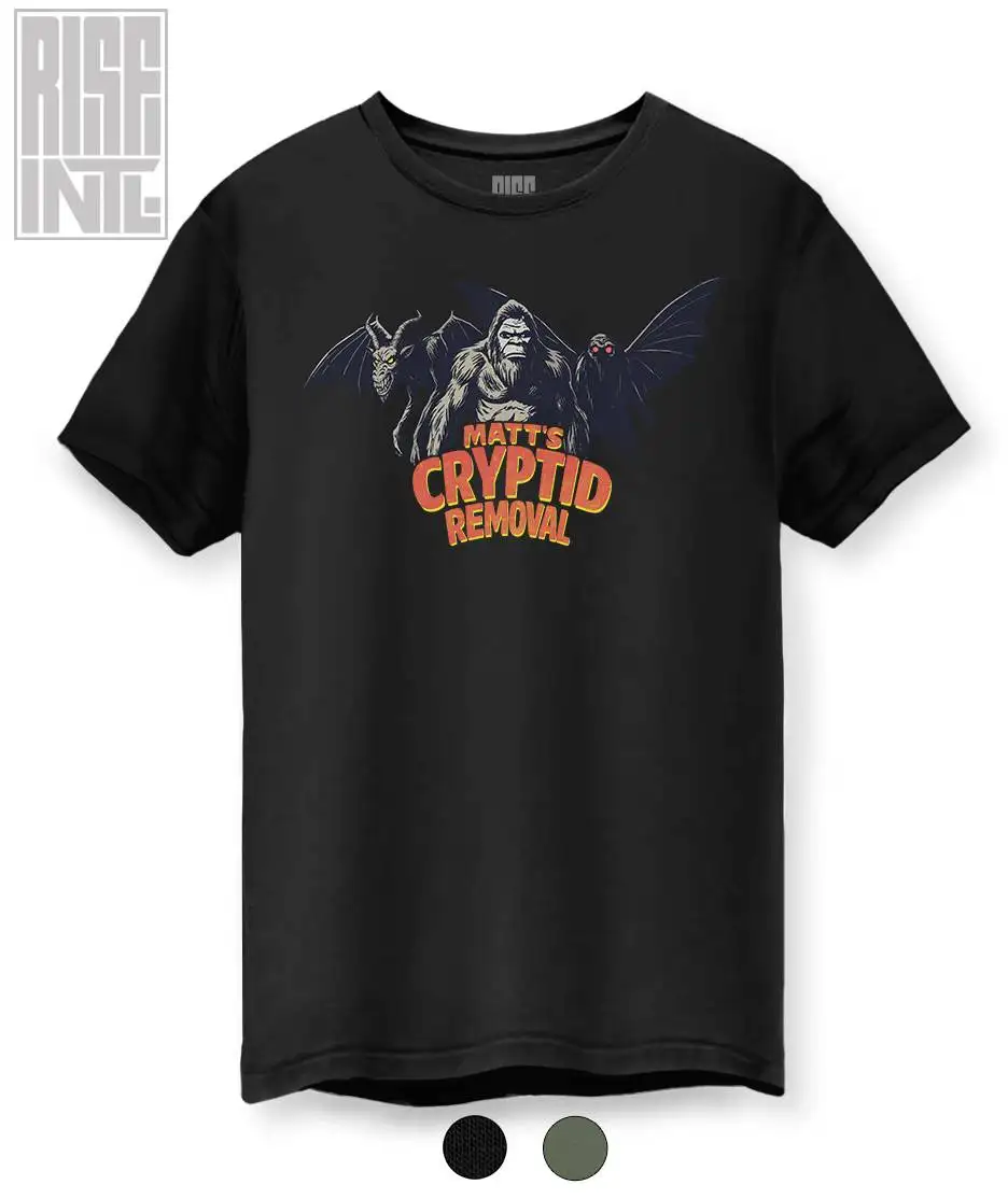 RISE INTL // Quite Frankly // Matt's Cryptid Removal // DTG Unisex Cotton Tee // Black w Swatches