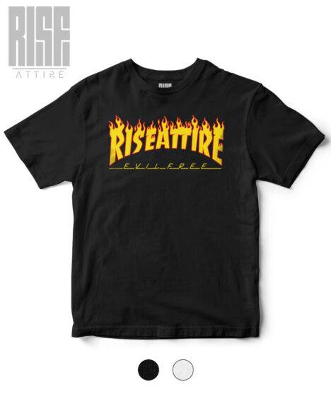 UP IN FLAMES // Heavyweight DTG Cotton Tee // BLACK // SWATCHES // FRONT // RISE ATTIRE