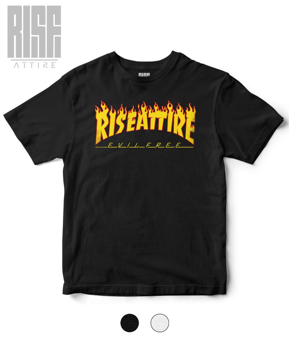 UP IN FLAMES // Heavyweight DTG Cotton Tee // BLACK // SWATCHES // FRONT // RISE ATTIRE