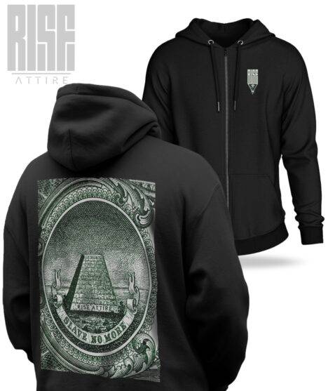 SLAVE NO MORE // Cotton DTG Hoodie ZIP UP // BLACK // FRONT // RISE ATTIRE
