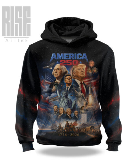 America 250: THE MOVIE // Mens Unisex Premium Pullover Hoodie // FRONT // RISE ATTIRE