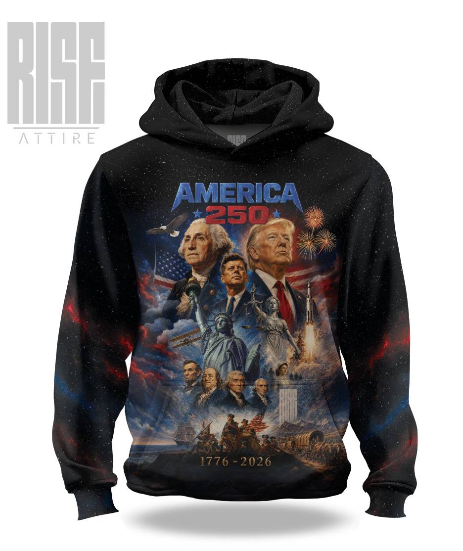 America 250: THE MOVIE // Mens Unisex Premium Pullover Hoodie // FRONT // RISE ATTIRE