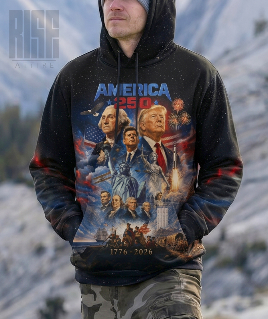 America 250: THE MOVIE // Unisex Premium Pullover Hoodie // FRONT // RISE ATTIRE