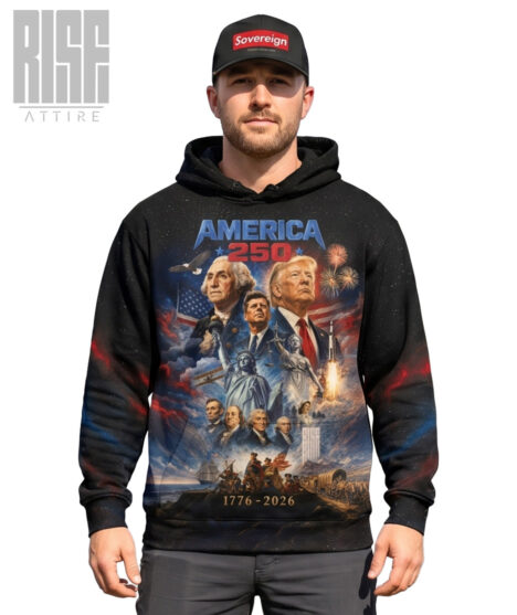 America 250: THE MOVIE // Mens Unisex Premium Pullover Hoodie // FRONT // RISE ATTIRE