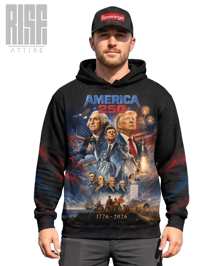 America 250: THE MOVIE // Mens Unisex Premium Pullover Hoodie // FRONT // RISE ATTIRE