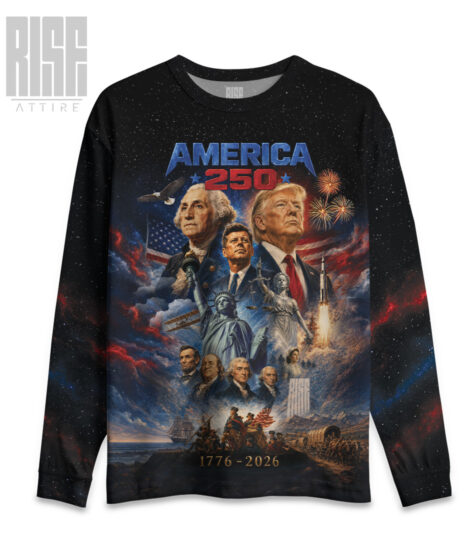 America 250: THE MOVIE // Mens Unisex Premium Sweater Sweatshirt // FRONT // RISE ATTIRE