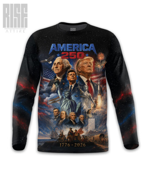 America 250: THE MOVIE // Mens Unisex Premium Long Sleeve Tee // FRONT // RISE ATTIRE
