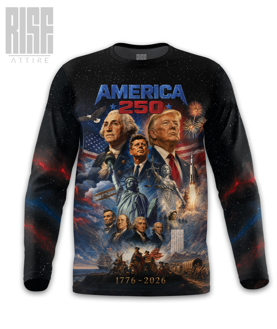 America 250: THE MOVIE // Mens Unisex Premium Long Sleeve Tee // FRONT // RISE ATTIRE