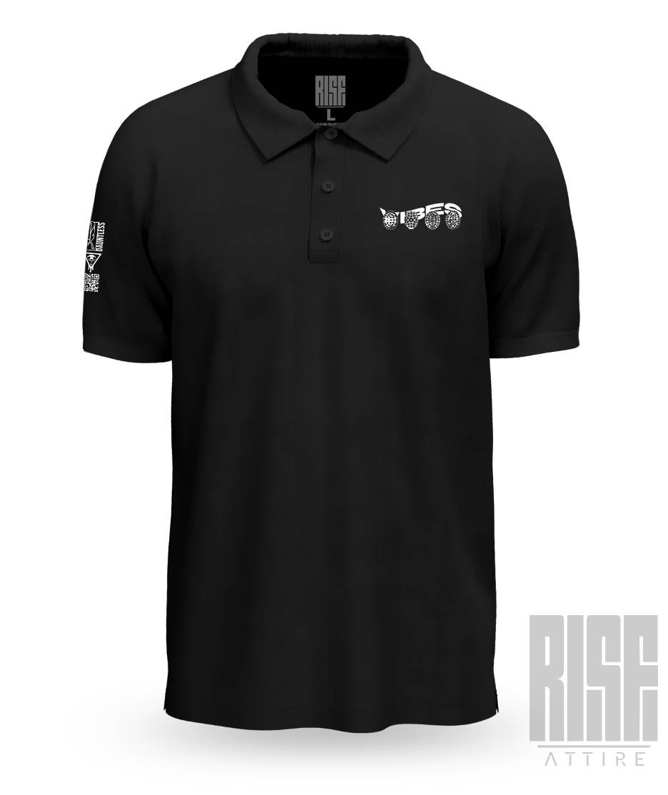 VIBES 02 V1 // DTG Mens Polo // BLACK // FRONT // Vibes Signature Series // RISE ATTIRE