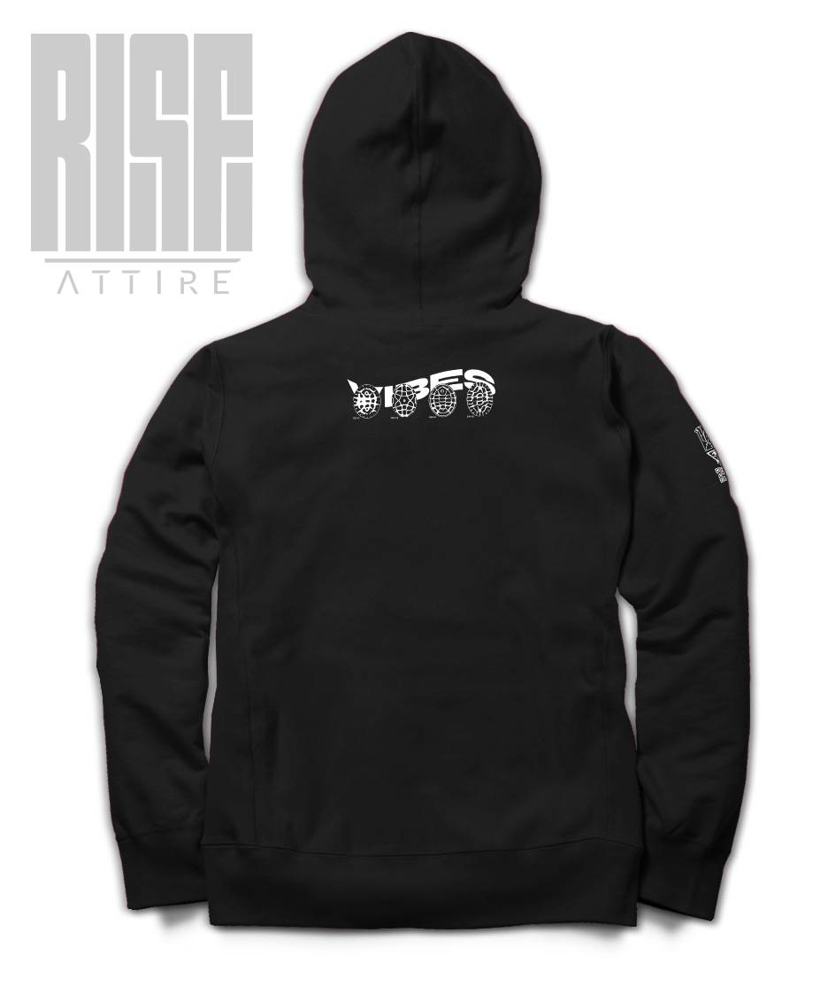 VIBES 02 V1 // Unisex Cotton Pullover Hoodie // BLACK // Back // Vibes Signature Series // RISE ATTIRE