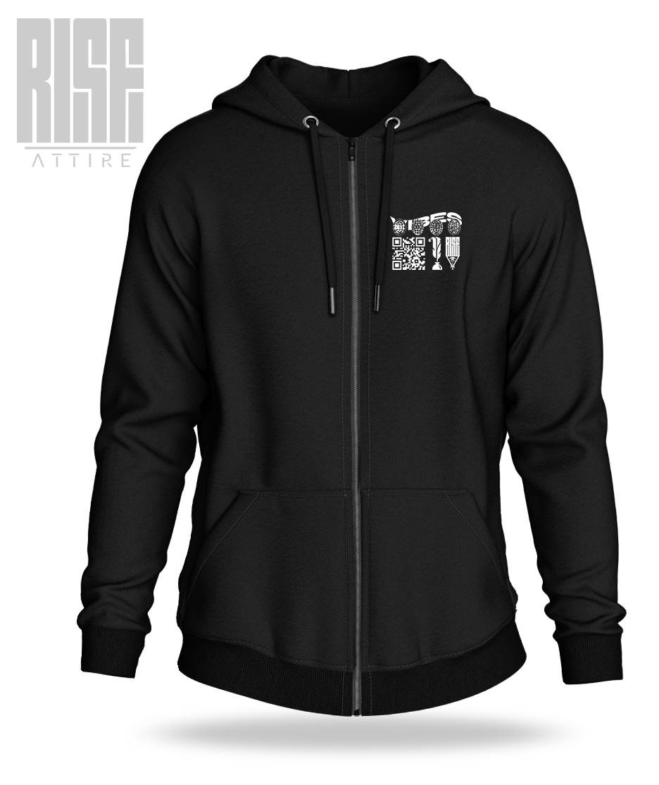 VIBES 02 V1 // Unisex Zip-Up Hoodie // BLACK // Front // Vibes Signature Series // RISE ATTIRE