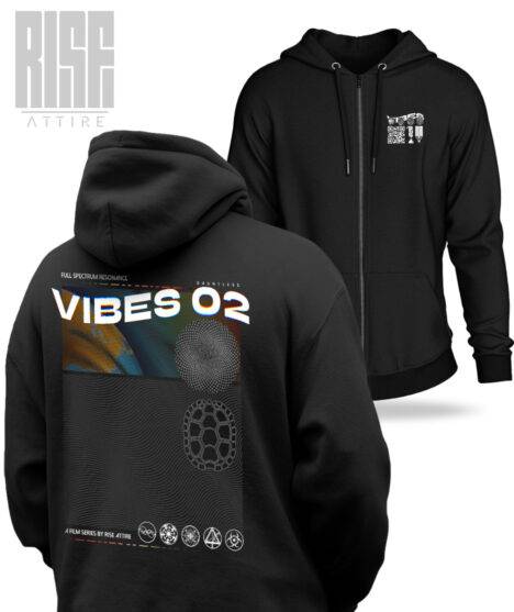 VIBES 02 V1 // Unisex Zip-Up Hoodie // BLACK // Front and Back // Vibes Signature Series // RISE ATTIRE